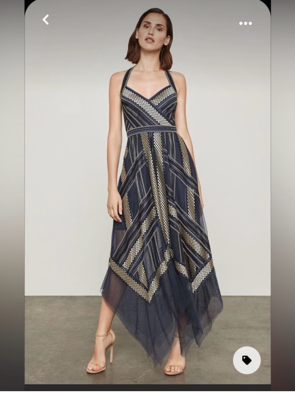 BCBG Navy Blue and Gold Geometric Maxi Dress